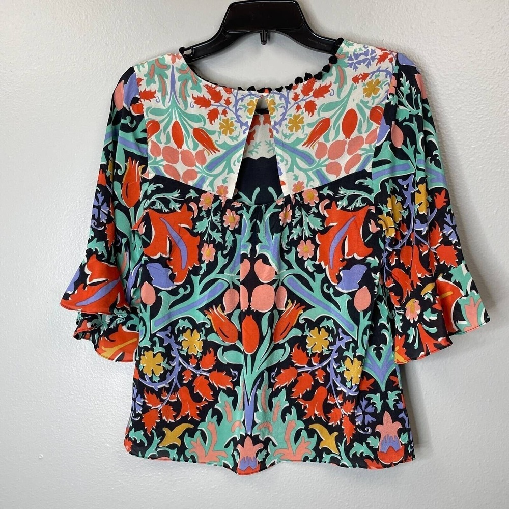 Maeve Silk Top Womens 0 Black Floral Bell Sleeve Ruffle Folkart Print Blouse - Picture 2 of 11